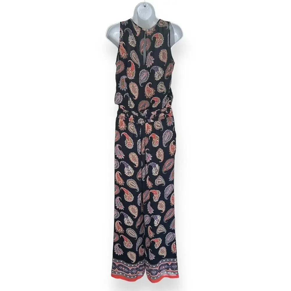 TORY BURCH 100% Silk Paisley Jumpsuit Sleeveless Blue Boho Wide Leg Cottagecore